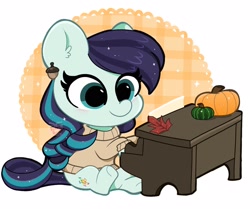 Size: 1672x1400 | Tagged: safe, artist:kittyrosie, imported from derpibooru, coloratura, earth pony, pony, chibi, clothes, cute, ear piercing, earring, female, jewelry, leaf, mare, musical instrument, piano, piercing, playing, pumpkin, rarabetes, solo, sweater