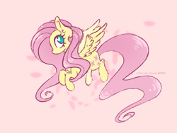 Size: 2048x1536 | Tagged: safe, artist:steffanie-remony, imported from derpibooru, fluttershy, pegasus, pony, cute, ear fluff, female, flying, heart eyes, leaf, looking at you, mare, pink background, profile, shyabetes, simple background, solo, spread wings, three quarter view, wingding eyes, wings