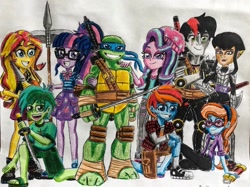 Size: 1024x766 | Tagged: safe, artist:bozzerkazooers, imported from derpibooru, bright eyes, lancer, sandbar, sci-twi, sunset shimmer, twilight sparkle, oc, oc:blade swipe, anthro, human, turtle, equestria girls, my little pony tales, beanie, female, g1, hat, karai, leonardo, male, teenage mutant ninja turtles, traditional art