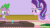 Size: 800x450 | Tagged: safe, artist:agrol, imported from derpibooru, spike, starlight glimmer, dragon, pony, unicorn, animated, backing away, book, crystal, flying, gif, glow, glowing, hammer, let's start the game, magic, magic aura, nervous, shrunken pupils, table, telekinesis, uh oh, wings, worried