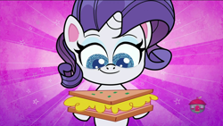 Size: 1920x1080 | Tagged: safe, imported from derpibooru, screencap, rarity, pony, unicorn, my little pony: pony life, spoiler:pony life s01e35, cheese, croque monsieur, female, food, g4.5, game knight, ham, mare, meat, ponies eating meat, sandwich, solo, sunburst background, treehouse logo