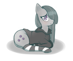 Size: 1200x1000 | Tagged: safe, artist:pixelmare, imported from derpibooru, marble pie, earth pony, pony, blushing, clothes, cute, dark circles, female, gray coat, hoodie, lying down, marblebetes, mare, no tail, purple eyes, socks, solo, striped socks