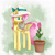 Size: 2000x2000 | Tagged: safe, artist:brilliant-luna, imported from derpibooru, fluttershy, pegasus, pony, abstract background, bow, ear fluff, female, flower, folded wings, hat, head turn, looking at something, mare, mouth hold, potted plant, solo, standing, sun hat, turned head, watering can, wings