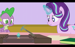 Size: 1280x800 | Tagged: safe, artist:agrol, imported from derpibooru, spike, starlight glimmer, hammer, let's start the game, levitation, magic, telekinesis