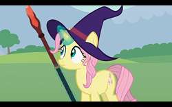 Size: 1280x800 | Tagged: safe, artist:agrol, imported from derpibooru, fluttershy, pony, unicorn, bloodstone scepter, dungeons and dragons, female, hat, let's start the game, magic, ogres and oubliettes, pen and paper rpg, race swap, rpg, solo, staff, wizard hat, youtube link