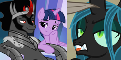 Size: 1400x700 | Tagged: safe, edit, edited screencap, imported from derpibooru, screencap, king sombra, queen chrysalis, twilight sparkle, alicorn, changeling, changeling queen, pony, unicorn, the beginning of the end, biting, female, male, mare, shipping, stallion, straight, tongue bite, twibra, twilight sparkle (alicorn)