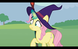 Size: 1280x800 | Tagged: safe, artist:agrol, imported from derpibooru, screencap, fluttershy, pony, unicorn, female, let's start the game, magic, race swap, scrunchy face, shrunken pupils, solo