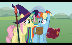 Size: 1280x800 | Tagged: safe, artist:agrol, imported from derpibooru, screencap, fluttershy, rainbow dash, pony, unicorn, alternate hairstyle, female, hat, let's start the game, race swap, staff, unicorn fluttershy, unicorn rainbow dash, witch hat