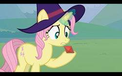 Size: 1280x800 | Tagged: safe, artist:agrol, imported from derpibooru, screencap, fluttershy, pony, unicorn, female, hat, let's start the game, magic, solo