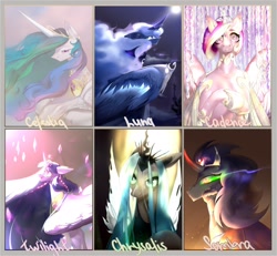 Size: 2048x1891 | Tagged: safe, artist:peacheb_o, imported from derpibooru, king sombra, princess cadance, princess celestia, princess luna, queen chrysalis, twilight sparkle, alicorn, changeling, changeling queen, pony, unicorn, six fanarts, the last problem, bust, cape, clothes, curved horn, ear piercing, earring, female, full moon, horn, jewelry, looking up, lying down, male, mare, moon, open mouth, peytral, piercing, princess twilight 2.0, prone, smiling, sombra eyes, stallion, tiara, twilight sparkle (alicorn)