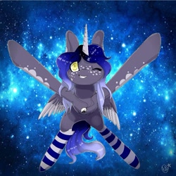 Size: 875x875 | Tagged: safe, artist:ellis_sunset, imported from derpibooru, oc, oc only, alicorn, pony, alicorn oc, clothes, flying, freckles, horn, jewelry, necklace, one eye closed, signature, socks, solo, space, stars, striped socks, two toned wings, wings, wink, yin-yang