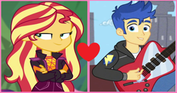 Size: 1416x748 | Tagged: safe, edit, edited screencap, imported from derpibooru, screencap, flash sentry, sunset shimmer, equestria girls, equestria girls series, female, flashimmer, male, shipping, shipping domino, straight