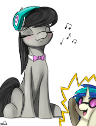 Size: 1900x2500 | Tagged: safe, artist:nixworld, imported from derpibooru, dj pon-3, octavia melody, vinyl scratch, earth pony, pony, unicorn, bow, cute, eyes closed, headphones, inset, listening, music, music notes, sitting, smiling