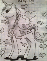 Size: 779x1024 | Tagged: safe, artist:intfighter, imported from derpibooru, oc, oc only, alicorn, pony, alicorn oc, braid, graph paper, heart, horn, lineart, solo, traditional art, wings