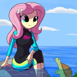 Size: 3375x3375 | Tagged: safe, artist:tjpones, imported from derpibooru, fluttershy, turtle, equestria girls, beach, breasts, busty fluttershy, cute, female, fluttershy's wetsuit, hairpin, ocean, rock, seaweed, shyabetes, solo, wetsuit