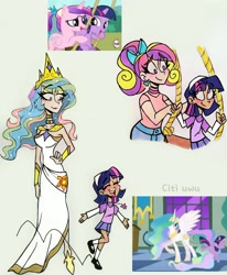 Size: 2510x3049 | Tagged: safe, artist:citi, imported from derpibooru, princess cadance, princess celestia, twilight sparkle, alicorn, human, pony, unicorn, a canterlot wedding, the cutie mark chronicles, blouse, clothes, crown, cute, cutie mark, cutie mark accessory, cutie mark on clothes, dress, ear piercing, excited, eye clipping through hair, eye contact, eyebrows, eyebrows visible through hair, female, filly, filly twilight sparkle, hand on hip, happy, humanized, jeans, jewelry, lidded eyes, looking at each other, mary janes, momlestia fuel, necklace, open mouth, pants, piercing, regalia, scene interpretation, screencap reference, shirt, shoes, skirt, socks, swing, t-shirt, teen princess cadance, trio, twiabetes, unicorn twilight, yes yes yes, younger