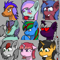 Size: 768x768 | Tagged: safe, artist:skydreams, imported from derpibooru, oc, oc:blissy, oc:dioxin, oc:lady foxtrot, oc:move, oc:princess jamie, oc:scaramouche, oc:searing cold, oc:sparky showers, oc:wander bliss, alicorn, bat pony, bat pony alicorn, changeling, dragon, kirin, pegasus, pony, unicorn, ball, bat wings, blushing, blushing ears, dead eyes, dead stare, disguise, disguised changeling, ear blush, ear piercing, earring, emoji, emotes, emoticon, excited, female, glasses, heart, heart eyes, horn, horn piercing, hug, industrial, jewelry, love, male, mare, patreon, patreon reward, pierced ears, piercing, rubbing hooves, stallion, wingding eyes, wings