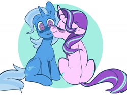 Size: 2000x1500 | Tagged: safe, artist:goshhhh, imported from derpibooru, starlight glimmer, trixie, pony, unicorn, cute, eyes closed, female, horn, lesbian, shipping, simple background, smiling, smooch, startrix