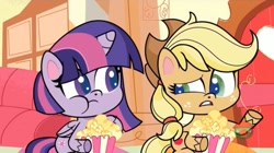 Size: 1667x933 | Tagged: safe, imported from derpibooru, screencap, applejack, twilight sparkle, pony, director spike's mockumentary, my little pony: pony life, spoiler:pony life s01e36, duo, eating, female, food, g4.5, gritted teeth, herbivore, mare, popcorn