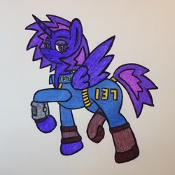 Size: 1024x1024 | Tagged: safe, artist:dice-warwick, imported from derpibooru, oc, oc only, oc:berry blast, alicorn, pony, fallout equestria, artificial alicorn, boots, pipbuck, purple alicorn (fo:e), shoes, solo, stable barding, stable jumpsuit, stable-tec, traditional art, two toned mane, two toned tail