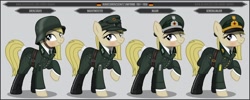 Size: 1280x512 | Tagged: safe, artist:brony-works, imported from derpibooru, earth pony, pony, border guard, clothes, cold war, female, flag, helmet, line-up, mare, raised hoof, smiling, solo, uniform, west germany