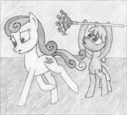 Size: 1600x1460 | Tagged: safe, artist:anonymous, berry punch, bon bon, pony, angry, drawthread, pencil, rake, running, sad, traditional art