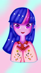 Size: 1836x3264 | Tagged: safe, artist:marydibujando, imported from derpibooru, twilight sparkle, equestria girls, :d, abstract background, bust, clothes, female, kimono (clothing), open mouth, smiling, solo