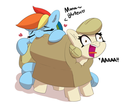 Size: 2798x2396 | Tagged: safe, artist:pabbley, imported from derpibooru, rainbow dash, oc, oc:bread pony, bread pony, food pony, pegasus, pony, aaaaaaaaaa, biting, bread, butt bite, cargo ship, derp, female, food, heart, high res, literal butthurt, mare, nom, open mouth, pain, puns in the comments, rainbread, screaming, shipping, simple background, tongue out, wat, white background, wide eyes