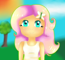 Size: 1842x1700 | Tagged: safe, artist:marydibujando, imported from derpibooru, fluttershy, human, bust, clothes, female, humanized, outdoors, rainbow, smiling, solo, tree