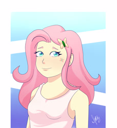 Size: 2893x3179 | Tagged: safe, artist:marydibujando, imported from derpibooru, fluttershy, equestria girls, abstract background, bust, clothes, female, signature, smiling, solo