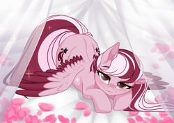 Size: 3465x2454 | Tagged: safe, alternate version, artist:kawaiizhele, artist:sparkling_light, imported from derpibooru, oc, oc:dusty ember, pegasus, pony, alternate character, base used, bedroom eyes, both cutie marks, commission, face down ass up, pegasus oc, petals, smiling, two toned wings, wings, ych result