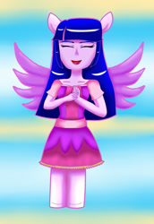 Size: 1558x2267 | Tagged: safe, artist:marydibujando, imported from derpibooru, twilight sparkle, equestria girls, abstract background, clothes, eyes closed, female, hands together, ponied up, skirt, solo