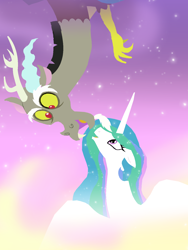 Size: 1200x1600 | Tagged: safe, artist:mr100dragon100, imported from derpibooru, discord, princess celestia, alicorn, draconequus, pony, dislestia, ethereal mane, female, flying, happy, looking at each other, male, mare, shipping, straight, sunset, upside down