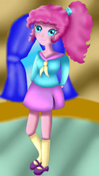 Size: 1836x3264 | Tagged: safe, artist:marydibujando, imported from derpibooru, pinkie pie, equestria girls, alternate hairstyle, arm behind back, clothes, female, indoors, shoes, skirt, smiling, solo