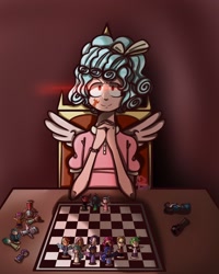 Size: 1024x1280 | Tagged: safe, artist:xxdreamy-rosettexx, imported from derpibooru, cozy glow, human, alternative cutie mark placement, chess, facial cutie mark, female, humanized, solo, winged humanization, wings