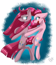 Size: 1866x2160 | Tagged: safe, artist:ellis_sunset, imported from derpibooru, pinkie pie, earth pony, pony, bipedal, duality, exclamation point, female, interrobang, mare, open mouth, pinkamena diane pie, question mark, self ponidox, signature, smiling, surprised, translation request