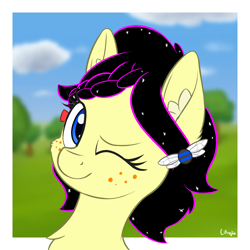 Size: 2000x2000 | Tagged: safe, artist:litrojia, imported from derpibooru, oc, oc only, oc:sunnie bun, earth pony, pony, blurred background, blurry background, bust, cheek fluff, chest fluff, cloud, commission, ear fluff, female, freckles, looking at you, mare, one eye closed, portrait, scenery, smiling, solo, tree, wink