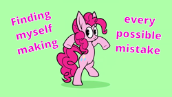 Size: 1920x1080 | Tagged: safe, artist:tridashie, editor:kopaleo, imported from derpibooru, pinkie pie, distraction dance, don't dead open inside, lyrics, mistake, mistakes were made, song reference, text, yael naim