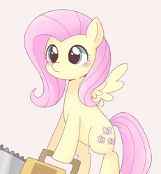 Size: 1893x2048 | Tagged: dead source, safe, artist:arrow__root, artist:ginmaruxx, imported from derpibooru, fluttershy, pegasus, pony, .mov, shed.mov, bipedal, blushing, chainsaw, cute, female, grimcute, hoof hold, mare, pink background, pony.mov, shyabetes, simple background, solo, stay out of my shed, subversive kawaii