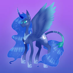 Size: 2000x2000 | Tagged: safe, artist:sugawama, imported from derpibooru, princess luna, alicorn, pony, spoiler:g5, colored wings, colored wingtips, ear piercing, earring, ethereal mane, ethereal tail, female, g5, g5 concept leak style, horn, horn jewelry, jewelry, mare, piercing, redesign, signature, simple background, smiling, solo