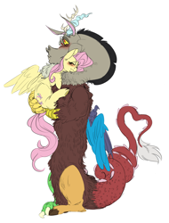 Size: 3103x4081 | Tagged: safe, artist:snspony, imported from derpibooru, discord, fluttershy, draconequus, pegasus, pony, butt touch, chest fluff, discoshy, female, hand on butt, male, shipping, simple background, straight, white background