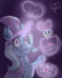 Size: 768x960 | Tagged: safe, artist:cheybonn_thunder, imported from derpibooru, trixie, pony, unicorn, bunny out of the hat, card, duo, female, glowing horn, hat, horn, magic, magic trick, mare, raised hoof, signature, smiling, telekinesis, top hat