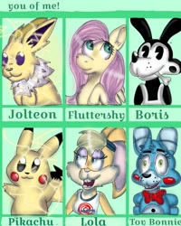 Size: 768x960 | Tagged: safe, artist:cheybonn_thunder, imported from derpibooru, fluttershy, anthro, jolteon, pegasus, pikachu, pony, rabbit, robot, wolf, six fanarts, animal, animatronic, anthro with ponies, bendy and the ink machine, boris, bowtie, buddy boris, bust, clothes, crossover, five nights at freddy's, lola bunny, male, mouth hold, overalls, pac-man eyes, pacman eyes, pokémon, space jam, toy bonnie, wide eyes