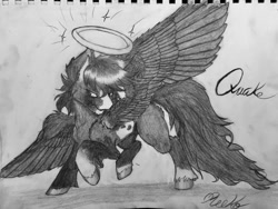 Size: 1008x756 | Tagged: safe, artist:reekosukanku, imported from derpibooru, oc, oc only, oc:quake, pegasus, pony, halo, male, monochrome, solo, stallion, traditional art