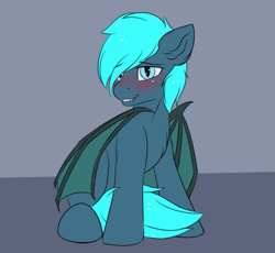 Size: 1063x980 | Tagged: safe, artist:snowstormbat, imported from derpibooru, oc, oc only, oc:guttatus, bat pony, pony, blushing, sitting, solo