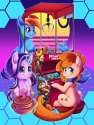 Size: 900x1200 | Tagged: safe, artist:blazemizu, imported from derpibooru, rainbow dash, starlight glimmer, oc, pegasus, pony, unicorn, them's fightin' herds, arcade, cake, commission, community related, food, glowing horn, horn, poster