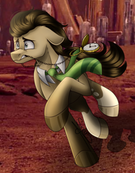 Size: 1100x1400 | Tagged: source needed, safe, artist:sugar0612, imported from derpibooru, doctor whooves, time turner, earth pony, pony, crossover, doctor who, fear, gallifrey, galloping, male, mouth hold, necktie, pocket watch, running, stallion, the doctor