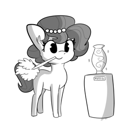 Size: 3375x3375 | Tagged: safe, artist:tjpones, imported from derpibooru, oc, oc only, oc:brownie bun, earth pony, pony, duster, female, grayscale, mare, monochrome, mouth hold, simple background, smiling, solo, this will end in property damage, this will end in tears, vase, white background