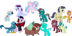 Size: 5611x2830 | Tagged: safe, artist:shadymeadow, imported from derpibooru, gallus, ocellus, sandbar, silverstream, smolder, yona, oc, oc:aqua shelly, oc:count bloodcula, oc:crimson howler, oc:soirée haunter, oc:trey treasure, oc:voltica stitch, changedling, changeling, classical hippogriff, dragon, ghost, griffon, hippogriff, pony, undead, vampire, vampony, werewolf, yak, boop, mummy, simple background, student six, transparent background