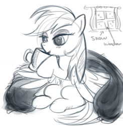 Size: 1275x1299 | Tagged: safe, anonymous artist, imported from derpibooru, rainbow dash, pegasus, pony, /mlp/, blanket, chocolate, cute, drawthread, female, food, hot chocolate, monochrome, requested art, sipping, sitting, snow, solo, window